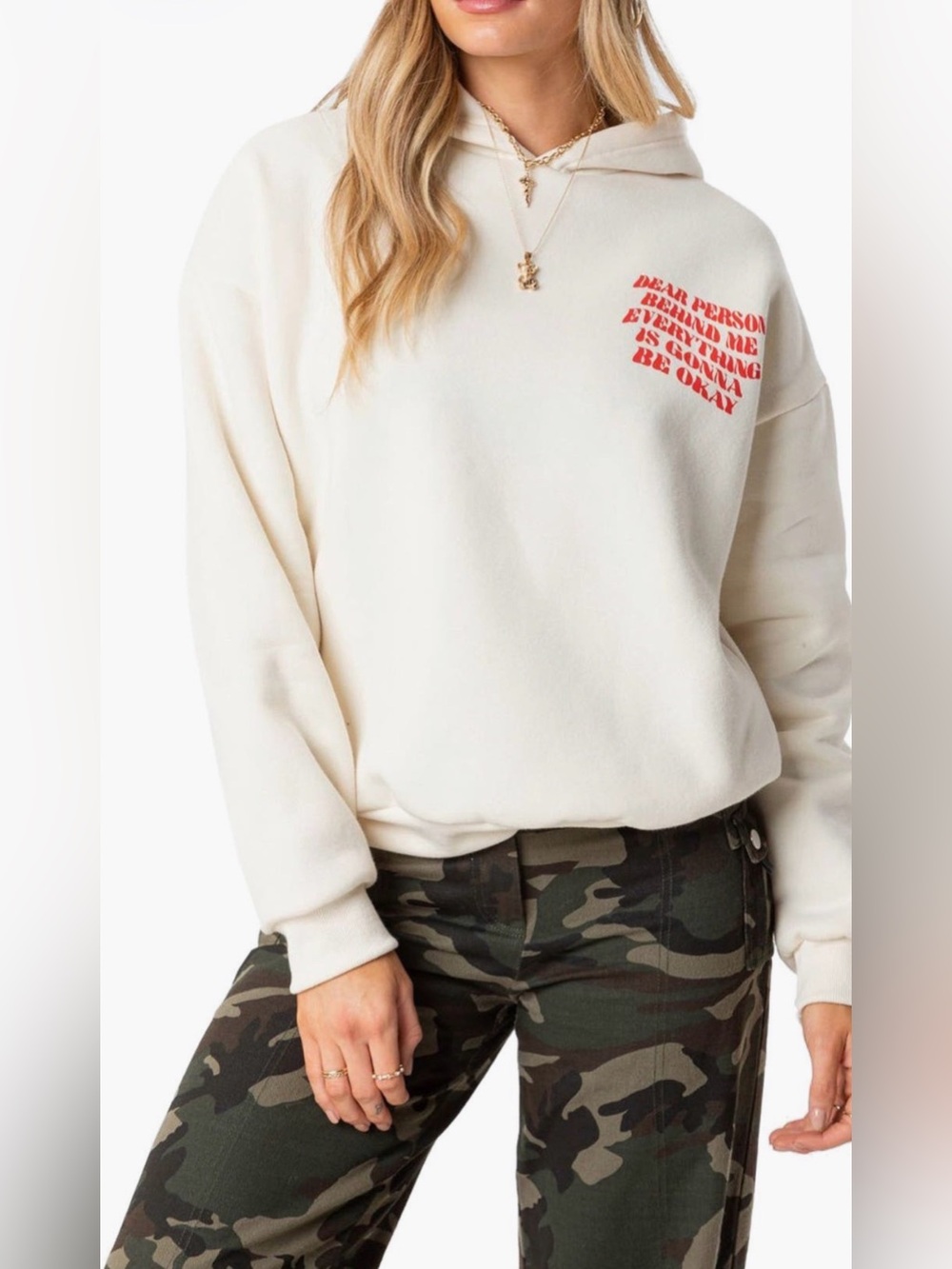 Edikted Cream Hoodie with Red Script Chest Graphic
